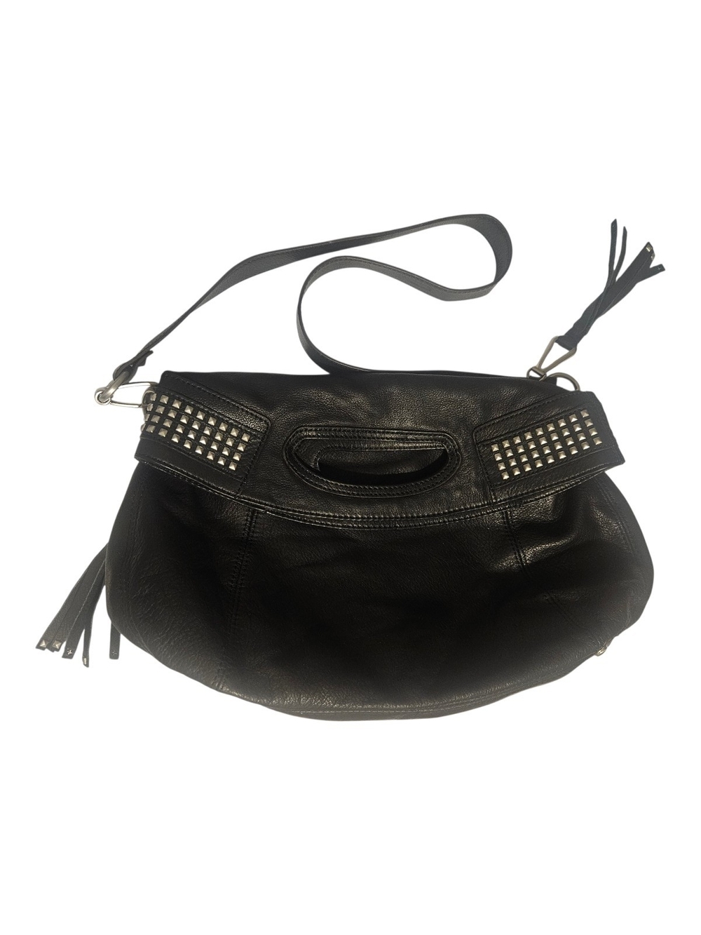 B. Makowsky Studded Fold-Over Shoulder Leather Bag, Black